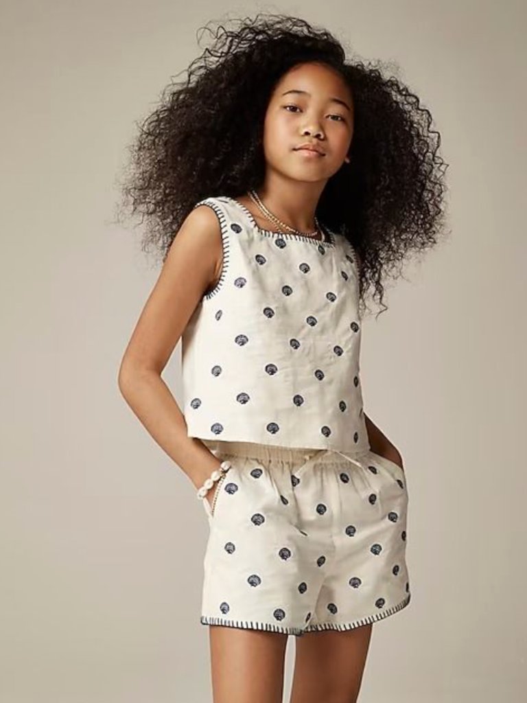 Crewcuts Embroidered Seashells Squareneck Top Shorts Set Linen Cotton - 8 10